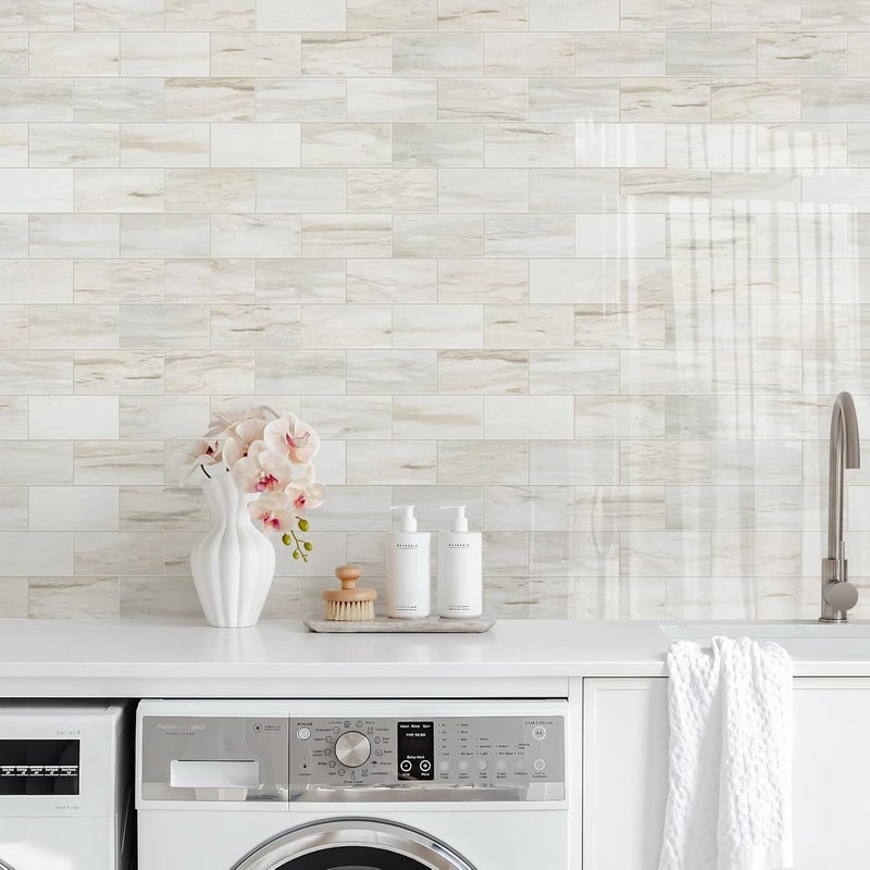 Vamos Tile 4-Piece Glossy Wooden Marble Grain Peel and Stick Backsplash Tile,3''x6'' PVC Subway Tile with White Grout, Stick on Backsplash for Kitchen/Bathroom/Fireplace - Image 5
